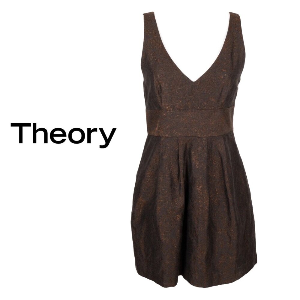 Theory Brown Metallic Rakia Mini Cocktail Dress Pockets Minimalist Quiet Luxury